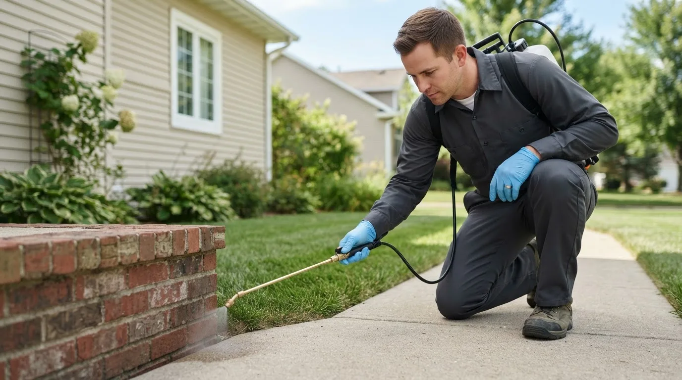 Pest control technician treating a home near Oswego, NY